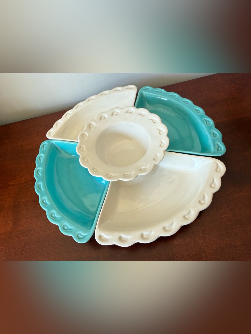 Turquoise and White Scalloped Ceramic Serving Set MCM California pottery